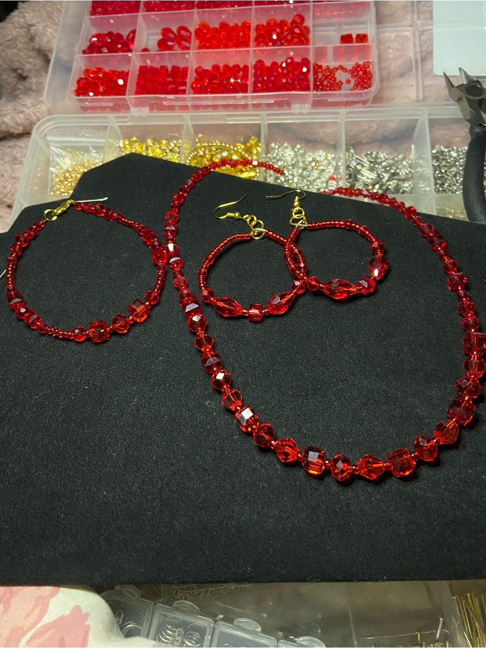 Red Crystal Necklace, Bracelet & Earring Set - Women Jewelry